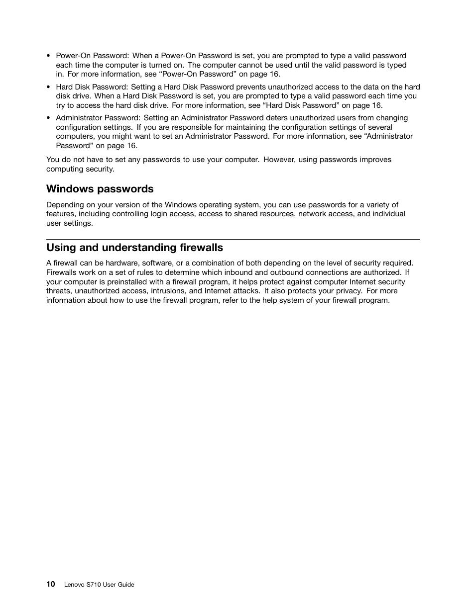 Windows passwords, Using and understanding firewalls | Lenovo S710 All-in-One User Manual | Page 20 / 66