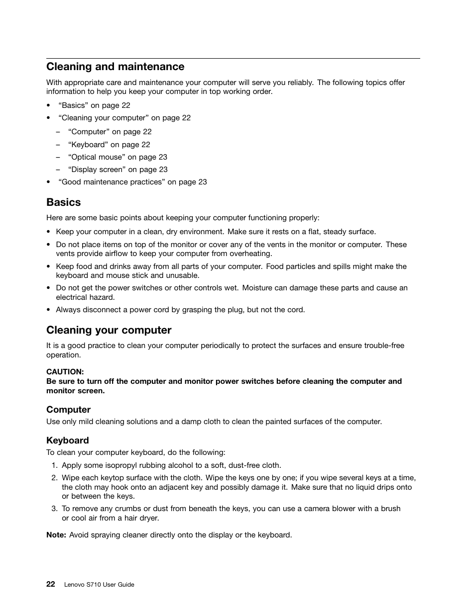 Cleaning and maintenance, Basics, Cleaning your computer | Lenovo S710 All-in-One User Manual | Page 32 / 66