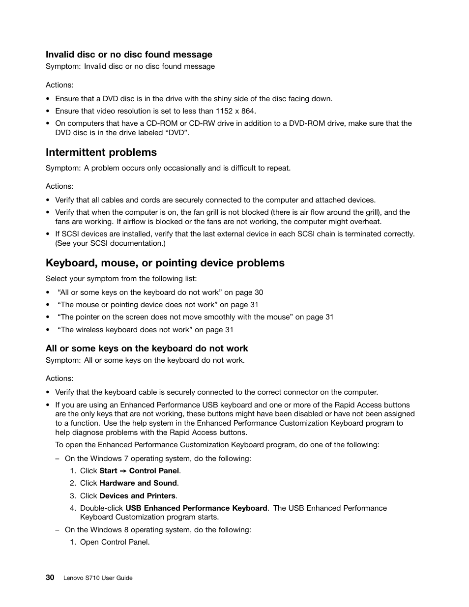 Intermittent problems, Keyboard, mouse, or pointing device problems | Lenovo S710 All-in-One User Manual | Page 40 / 66