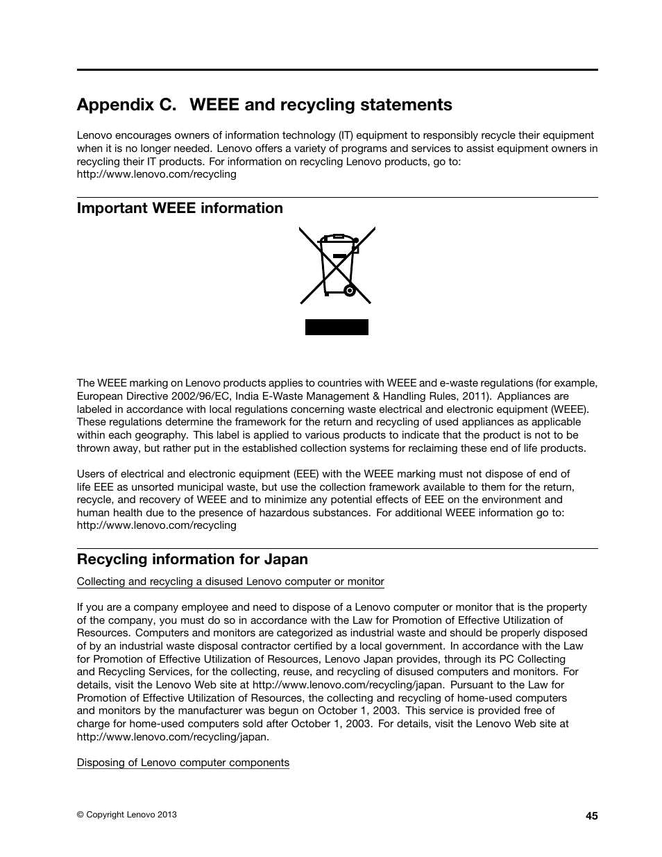 Appendix c. weee and recycling statements, Important weee information, Recycling information for japan | Lenovo S710 All-in-One User Manual | Page 55 / 66