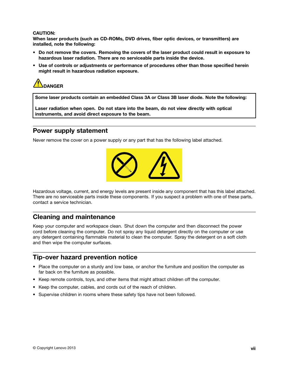 Power supply statement, Cleaning and maintenance, Tip-over hazard prevention notice | Lenovo S710 All-in-One User Manual | Page 9 / 66