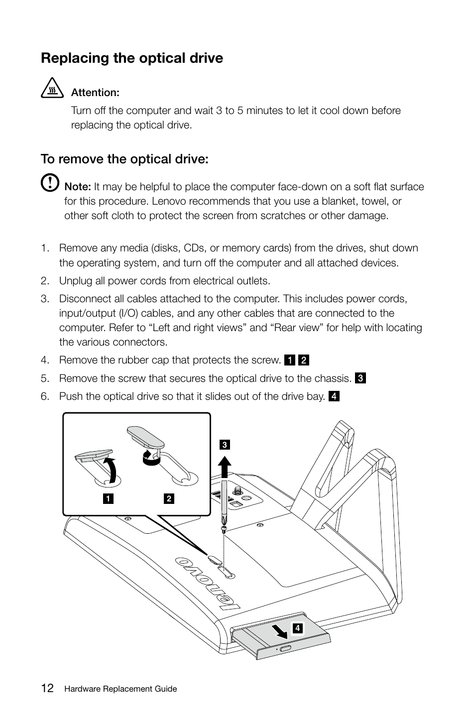 Replacing the optical drive | Lenovo C225 All-In-One User Manual | Page 17 / 25