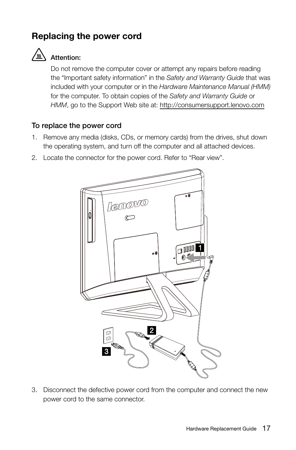 Replacing the power cord | Lenovo C225 All-In-One User Manual | Page 22 / 25