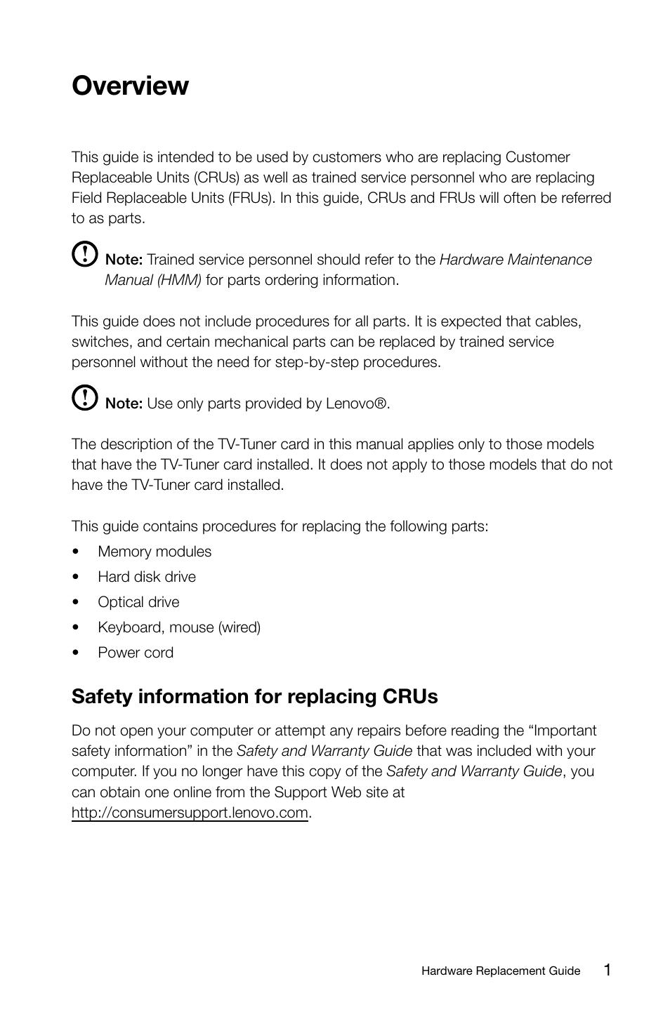 Overview, Safety information for replacing crus | Lenovo C225 All-In-One User Manual | Page 6 / 25