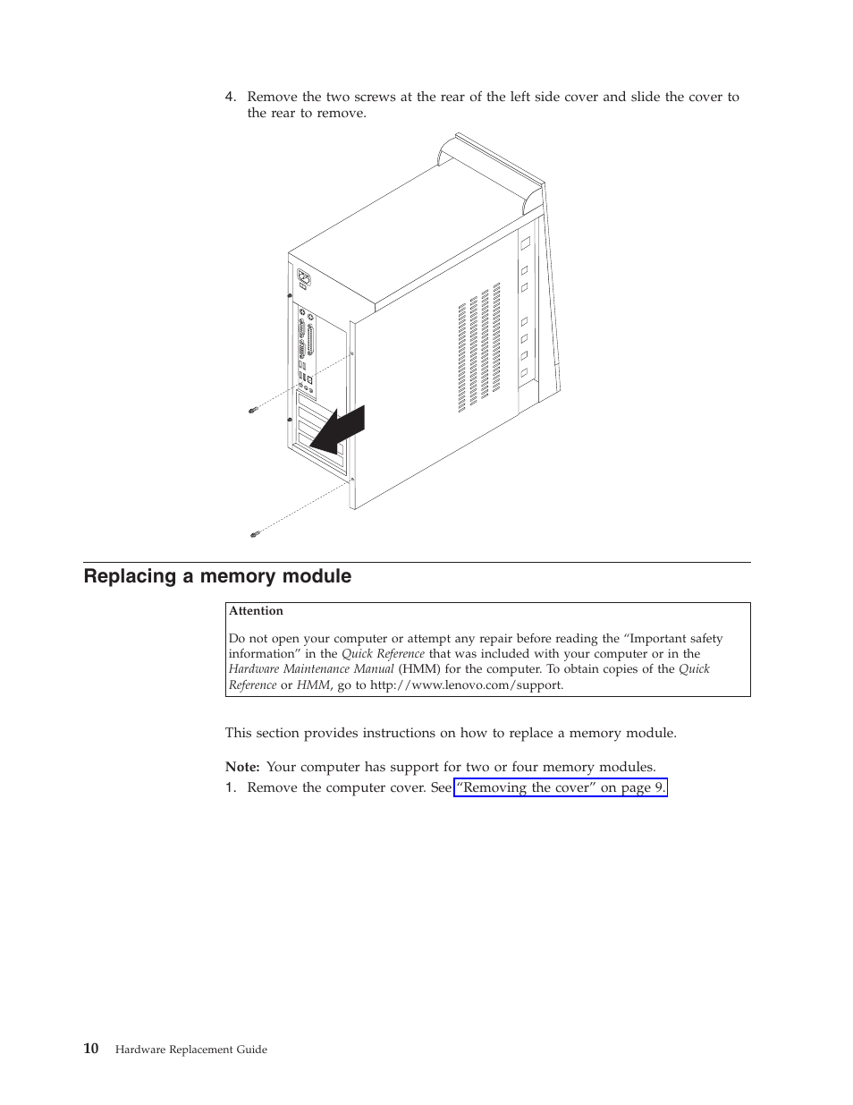 Replacing a memory module, Replacing, Memory | Module | Lenovo ThinkCentre E50 -FR User Manual | Page 18 / 26