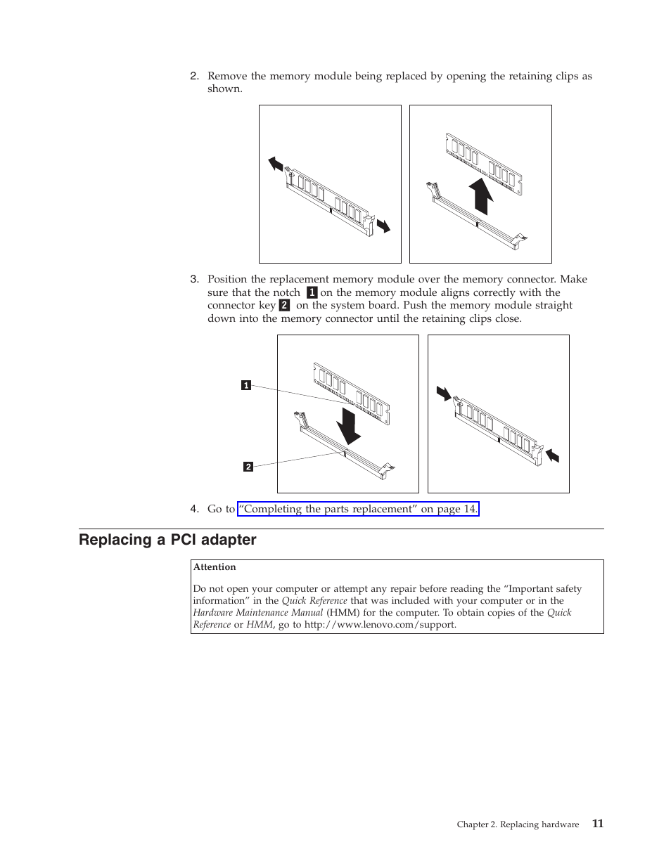 Replacing a pci adapter, Replacing, Adapter | Lenovo ThinkCentre E50 -FR User Manual | Page 19 / 26