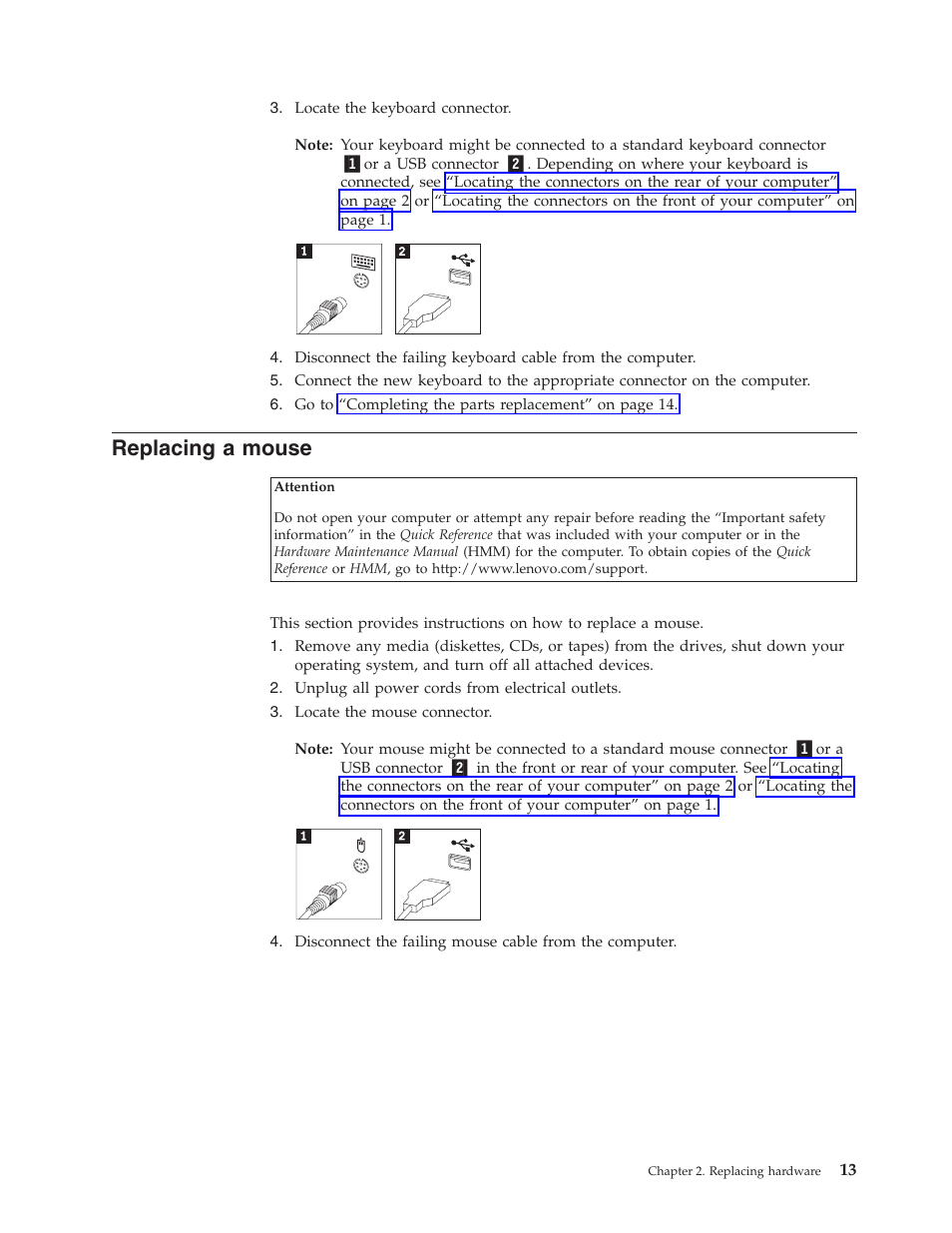 Replacing a mouse, Replacing, Mouse | Lenovo ThinkCentre E50 -FR User Manual | Page 21 / 26