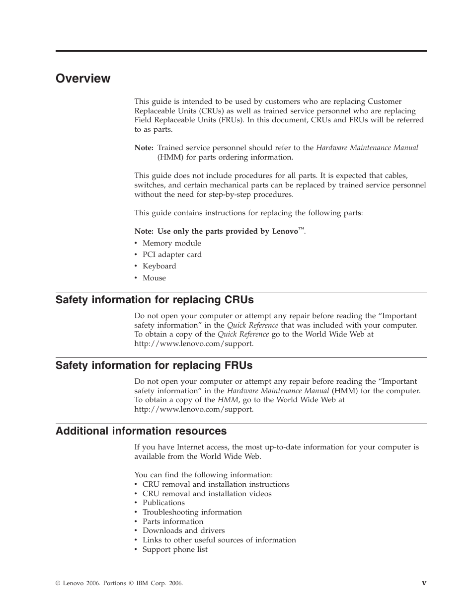 Overview, Safety information for replacing crus, Safety information for replacing frus | Additional information resources, Safety, Information, Replacing, Crus, Frus, Additional | Lenovo ThinkCentre E50 -FR User Manual | Page 7 / 26