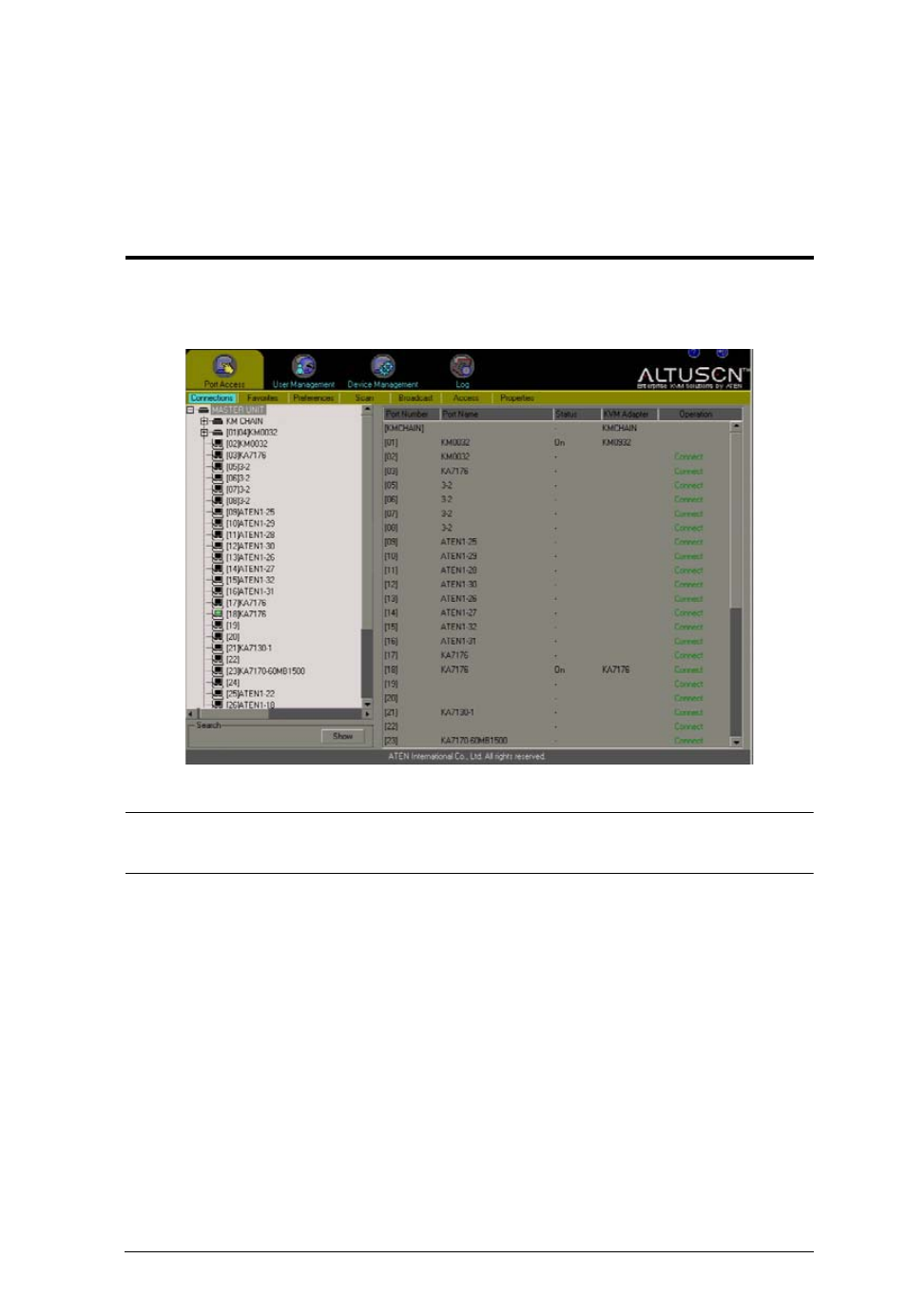 Console port operation, Chapter 11, Overview | ATEN Altuscn Matrix KVM Switch KM0532 User Manual | Page 115 / 153