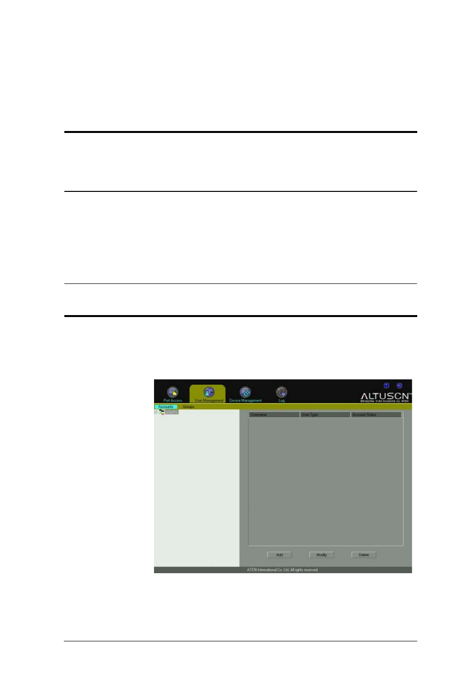 User management, Chapter 7, Overview | Accounts | ATEN Altuscn Matrix KVM Switch KM0532 User Manual | Page 69 / 153