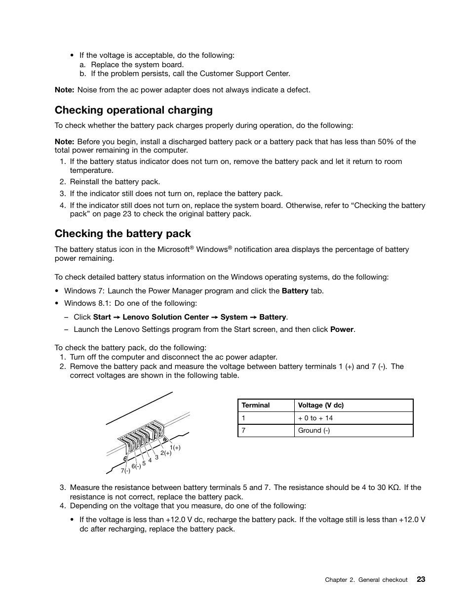 Checking operational charging, Checking the battery pack | Lenovo K4450 Notebook User Manual | Page 29 / 88