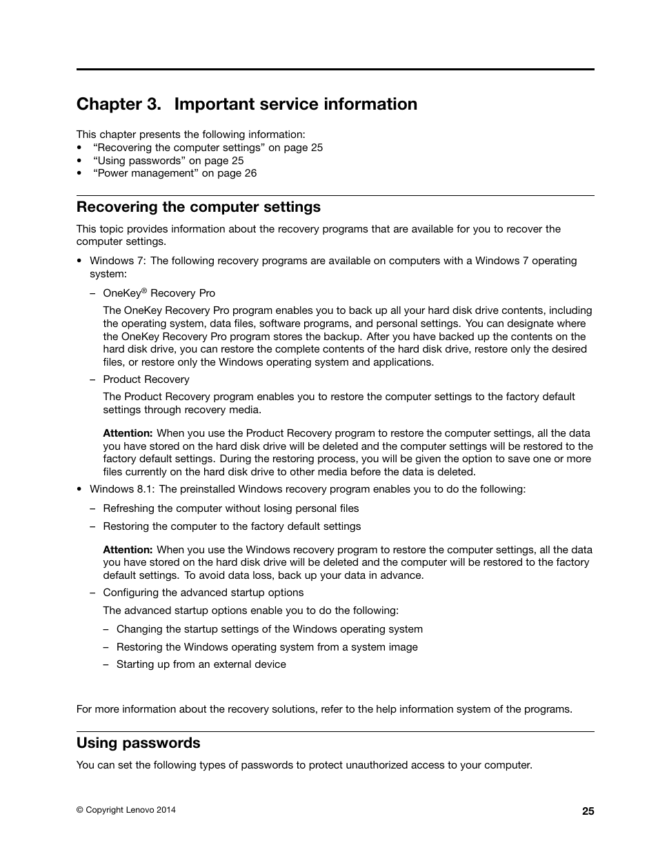 Chapter 3. important service information, Recovering the computer settings, Using passwords | Lenovo K4450 Notebook User Manual | Page 31 / 88