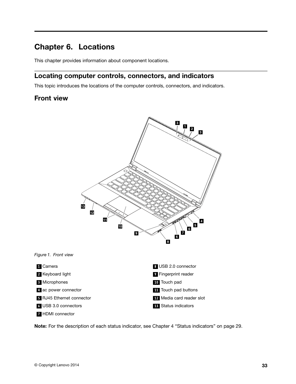 Chapter 6. locations, Front view | Lenovo K4450 Notebook User Manual | Page 39 / 88