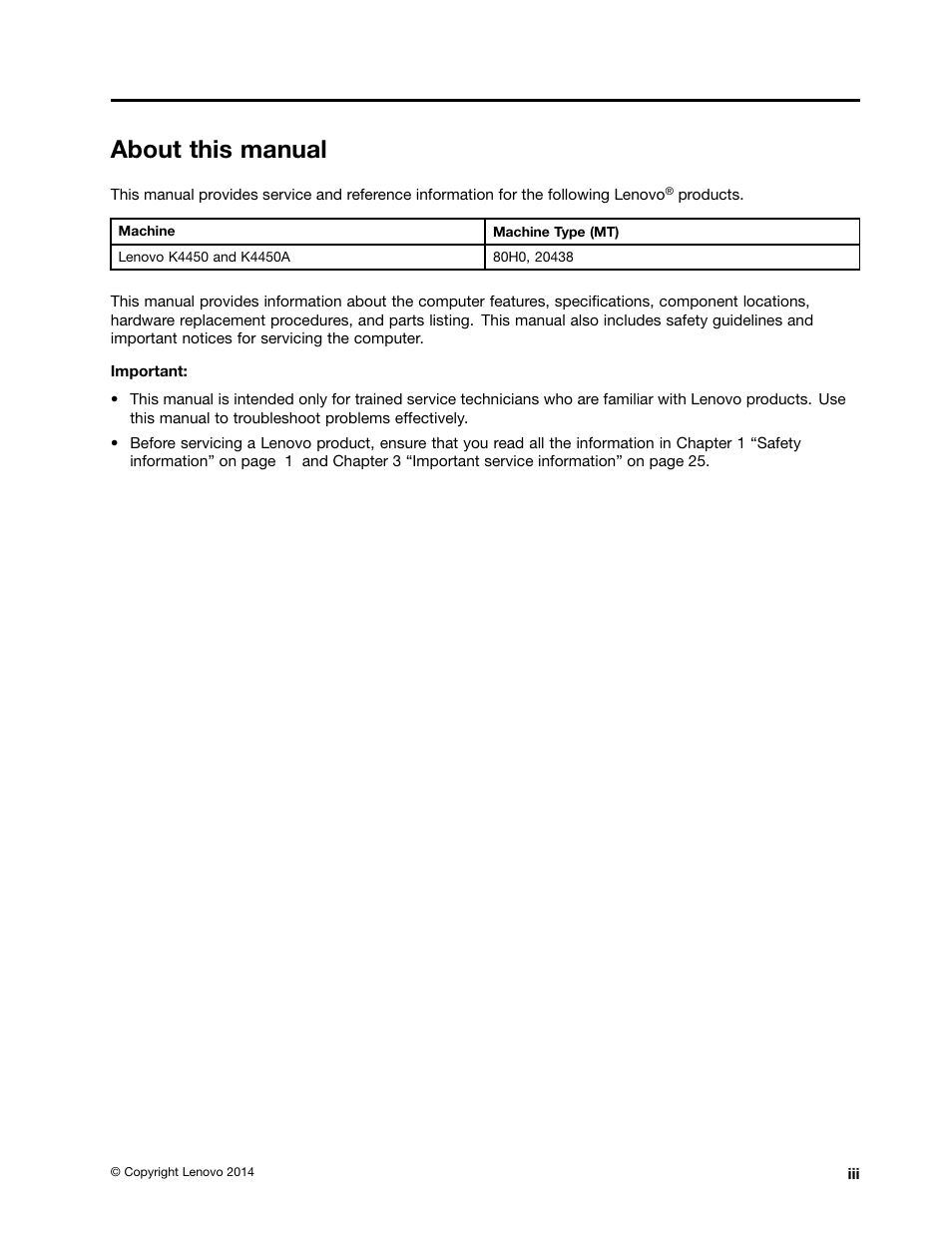 About this manual | Lenovo K4450 Notebook User Manual | Page 5 / 88