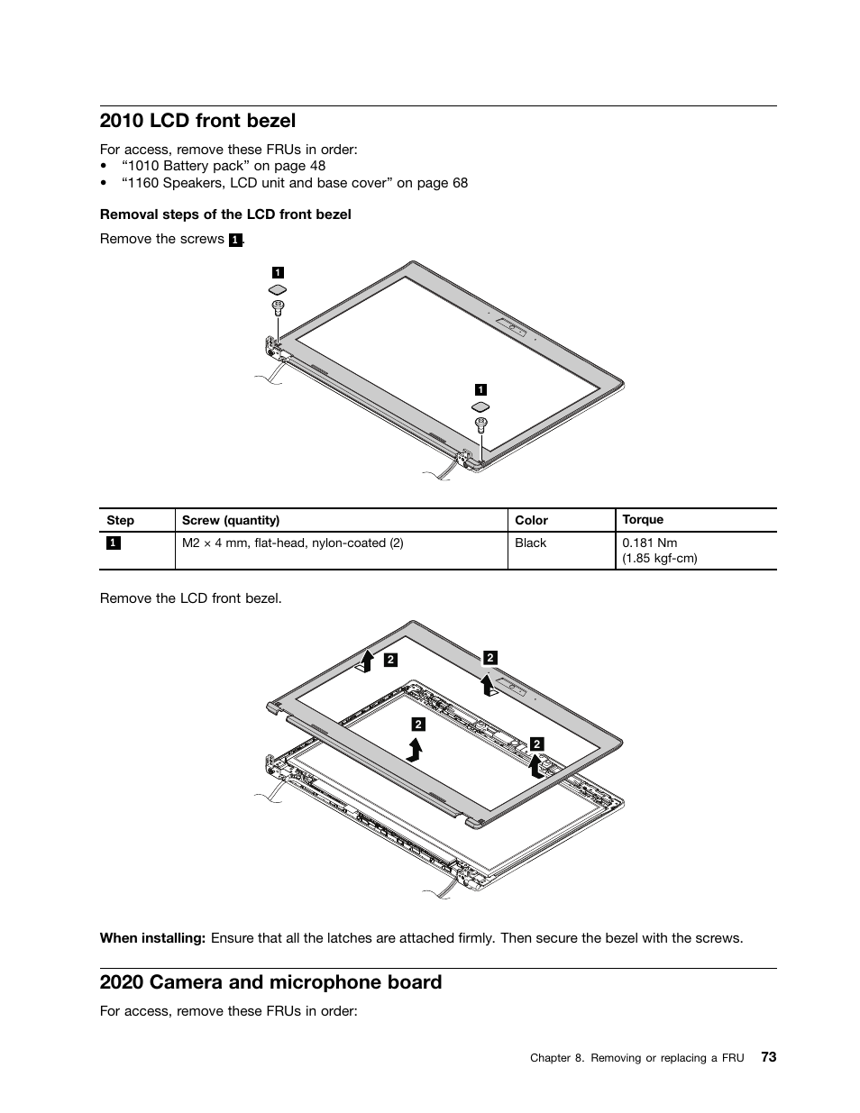 2010 lcd front bezel, 2020 camera and microphone board | Lenovo K4450 Notebook User Manual | Page 79 / 88