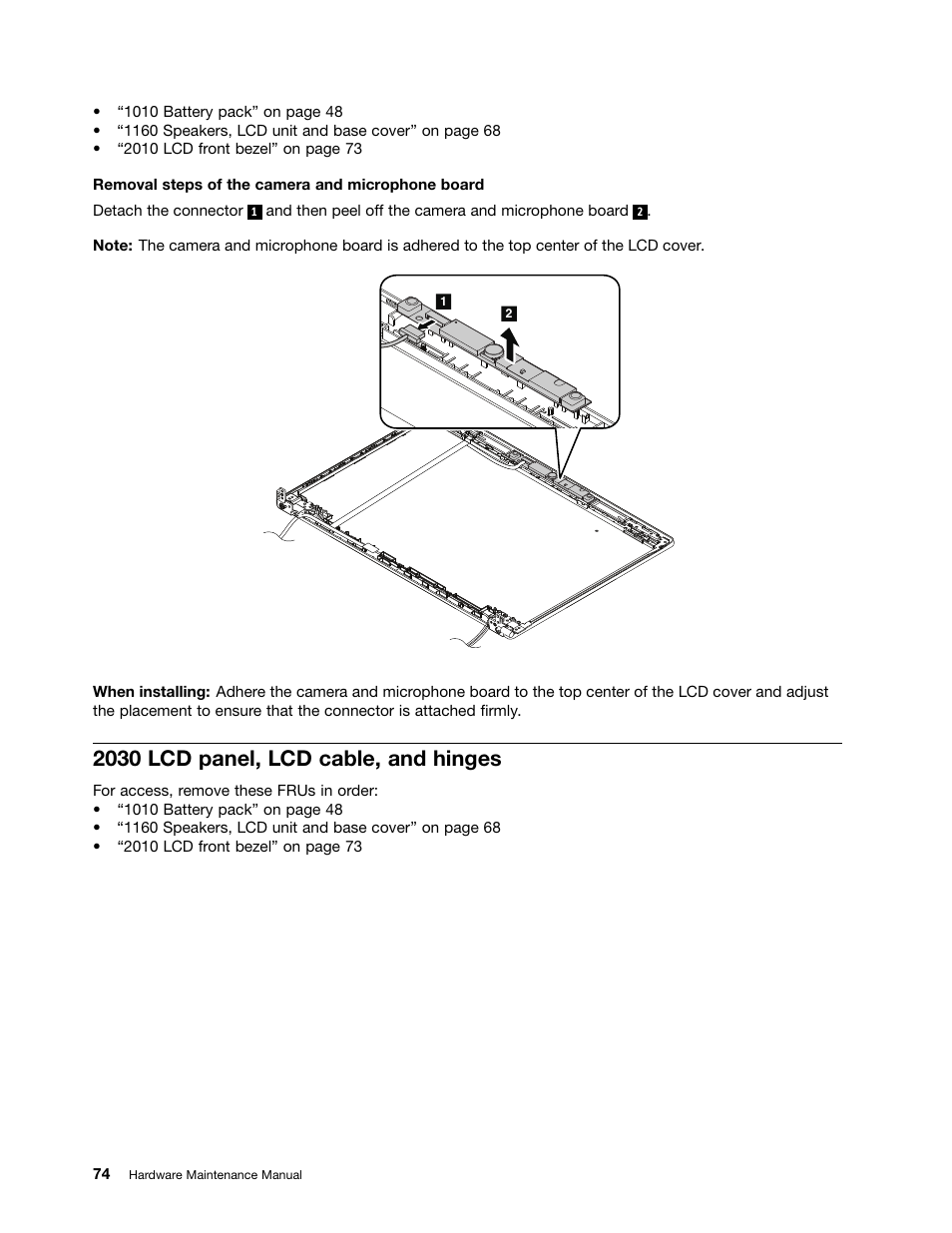 2030 lcd panel, lcd cable, and hinges | Lenovo K4450 Notebook User Manual | Page 80 / 88