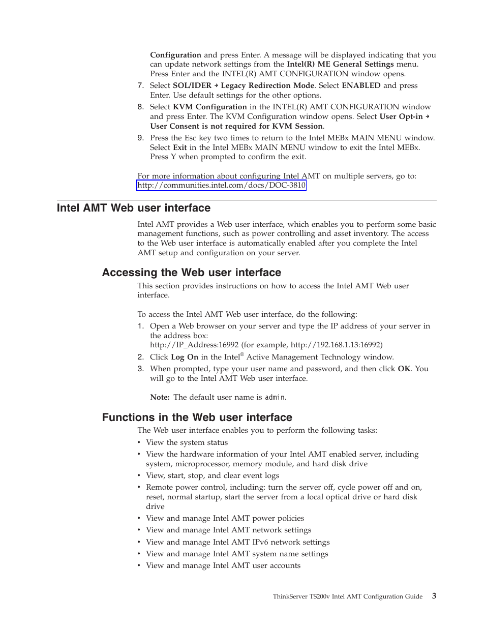 Intel amt web user interface, Accessing the web user interface, Functions in the web user interface | Lenovo ThinkServer TS200v User Manual | Page 7 / 10