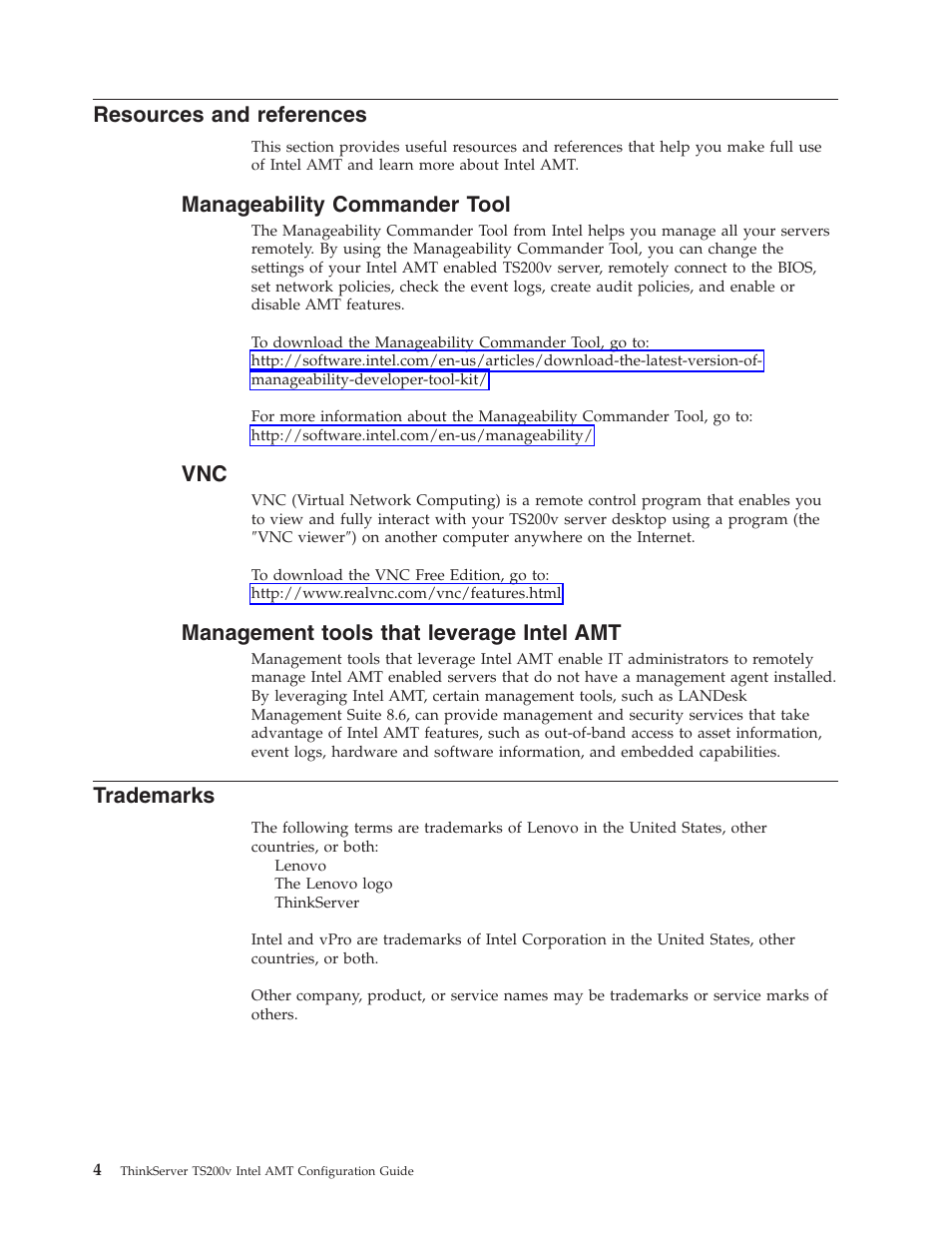 Resources and references, Manageability commander tool, Management tools that leverage intel amt | Trademarks | Lenovo ThinkServer TS200v User Manual | Page 8 / 10