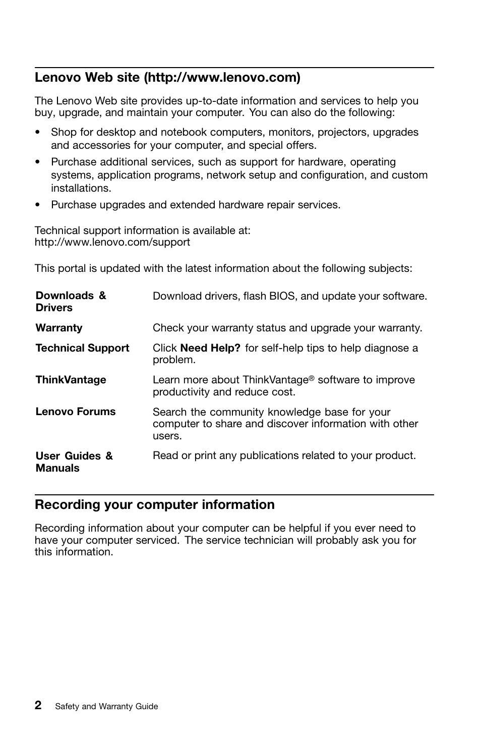 Lenovo web site (http://www.lenovo.com), Recording your computer information | Lenovo ThinkPad Edge E420s User Manual | Page 16 / 44