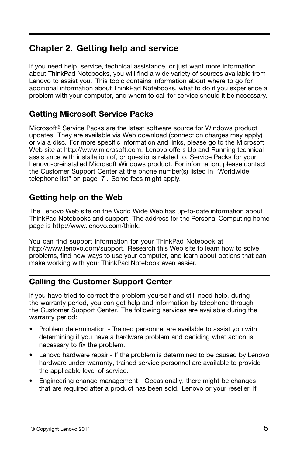 Chapter 2. getting help and service, Getting microsoft service packs, Getting help on the web | Calling the customer support center | Lenovo ThinkPad Edge E420s User Manual | Page 19 / 44