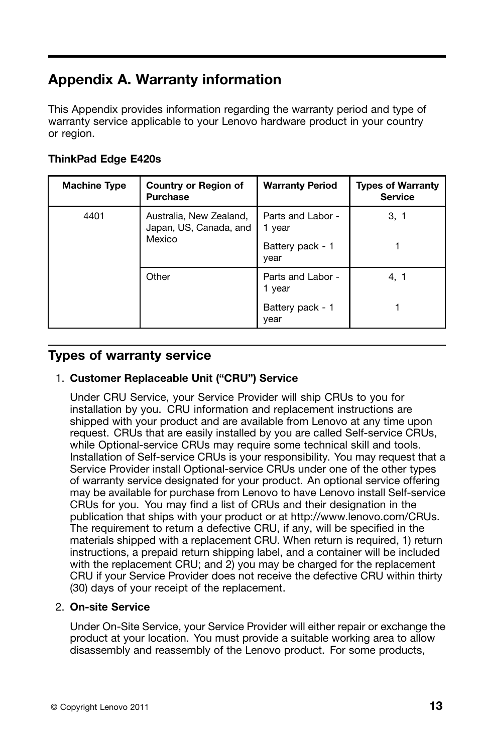 Appendix a. warranty information, Types of warranty service | Lenovo ThinkPad Edge E420s User Manual | Page 27 / 44