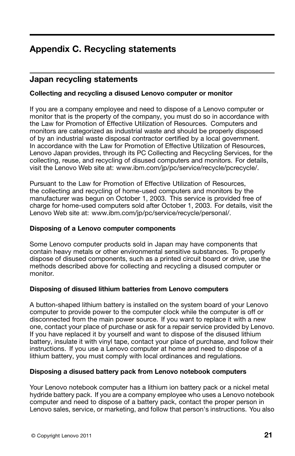 Appendix c. recycling statements, Japan recycling statements | Lenovo ThinkPad Edge E420s User Manual | Page 35 / 44