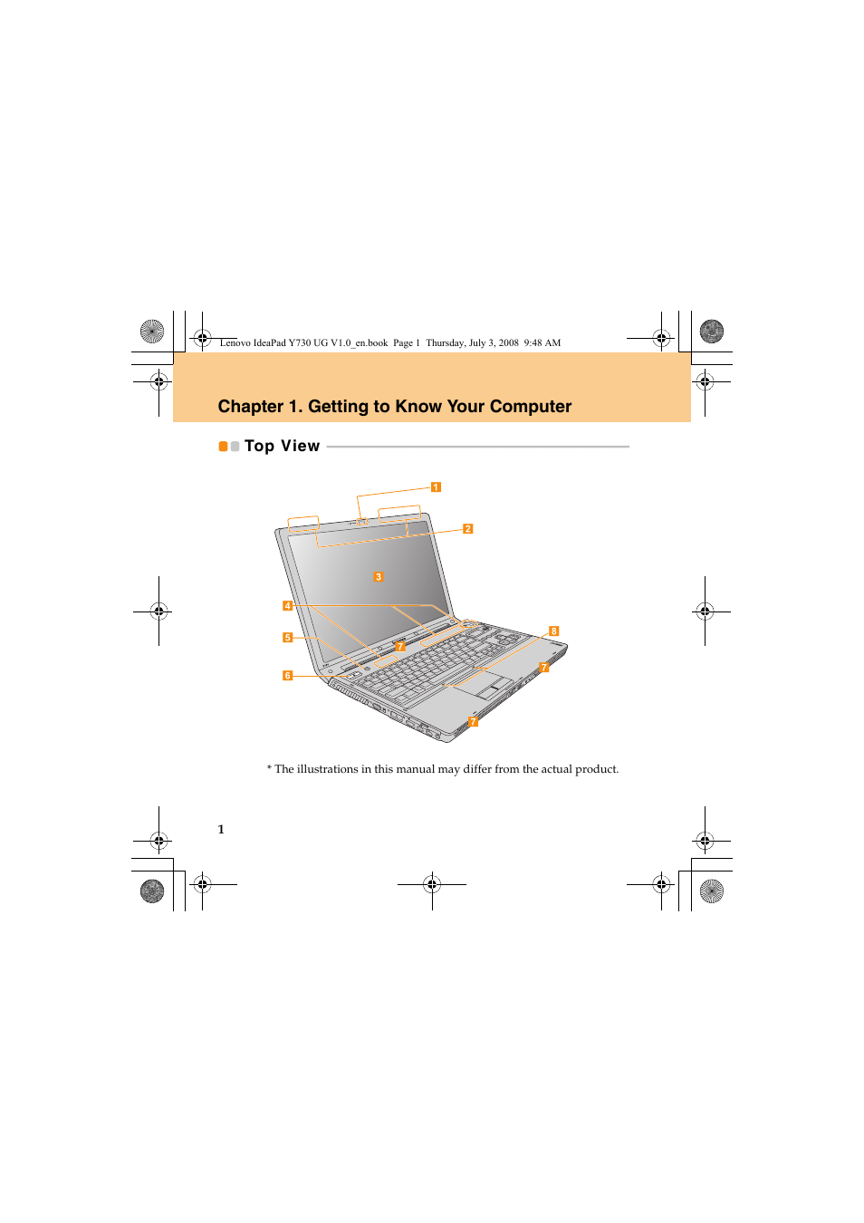 Chapter 1. getting to know your computer, Top view | Lenovo IdeaPad Y730 User Manual | Page 10 / 156