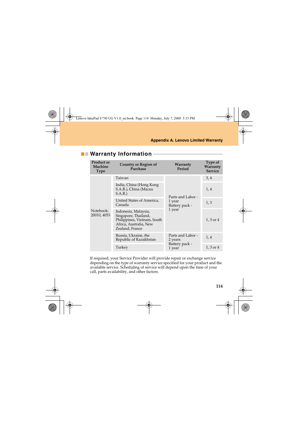 Warranty information | Lenovo IdeaPad Y730 User Manual | Page 123 / 156