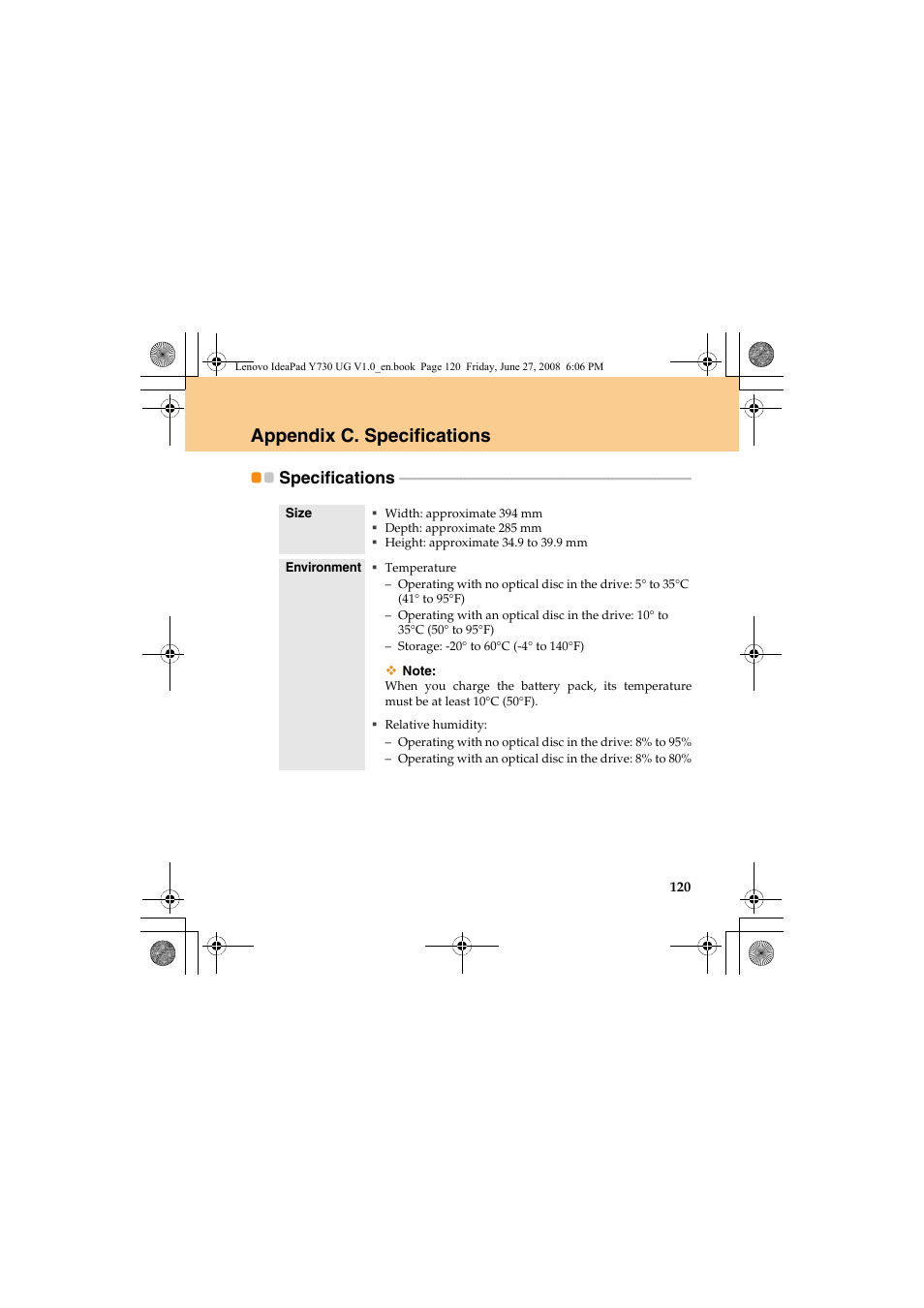 Appendix c. specifications, Specifications | Lenovo IdeaPad Y730 User Manual | Page 129 / 156