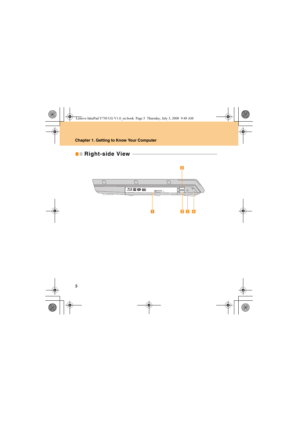 Right-side view | Lenovo IdeaPad Y730 User Manual | Page 14 / 156