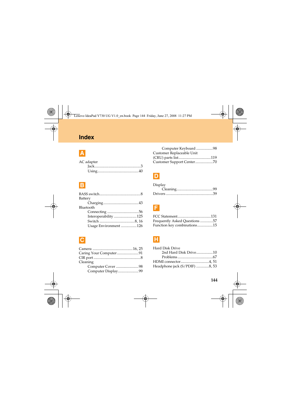 Index a | Lenovo IdeaPad Y730 User Manual | Page 153 / 156