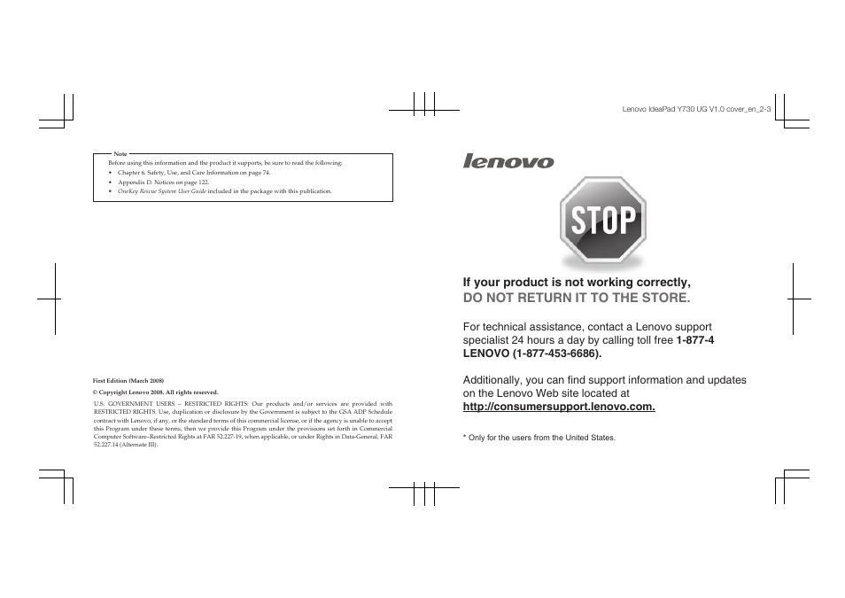 Do not return it to the store, If your product is not working correctly | Lenovo IdeaPad Y730 User Manual | Page 2 / 156