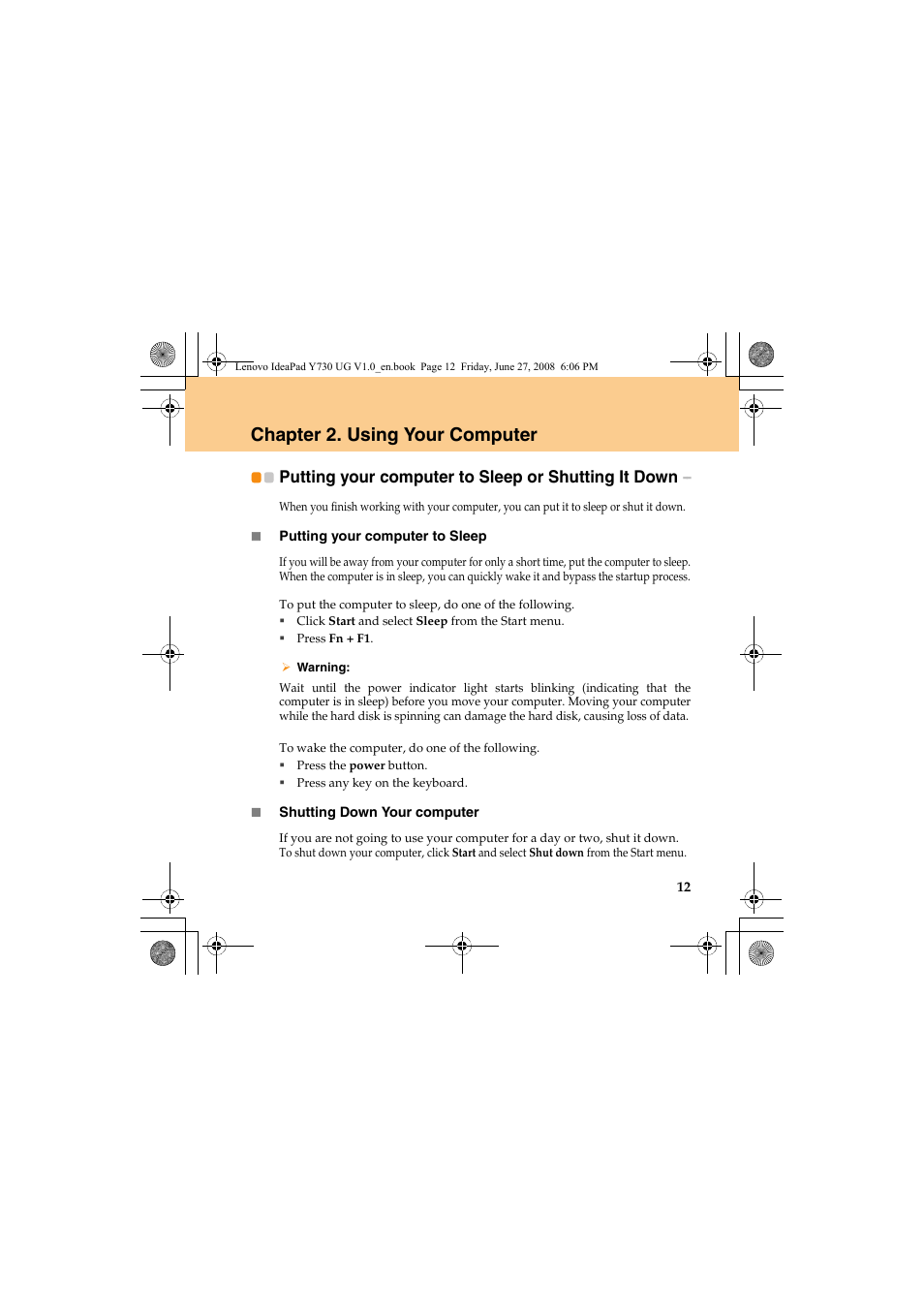 Chapter 2. using your computer, Putting your computer to sleep or shutting it down | Lenovo IdeaPad Y730 User Manual | Page 21 / 156