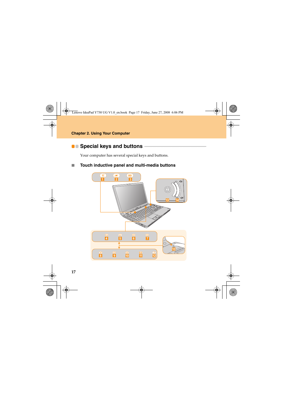 Special keys and buttons | Lenovo IdeaPad Y730 User Manual | Page 26 / 156