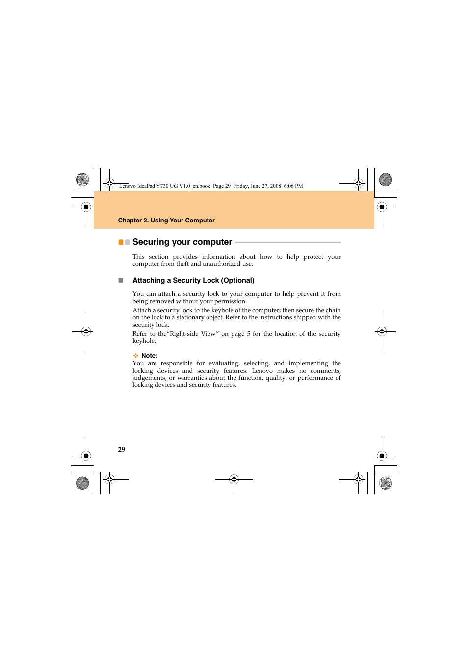 Securing your computer | Lenovo IdeaPad Y730 User Manual | Page 38 / 156