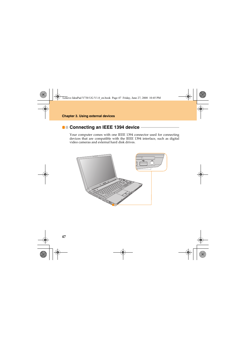 Connecting an ieee 1394 device | Lenovo IdeaPad Y730 User Manual | Page 56 / 156