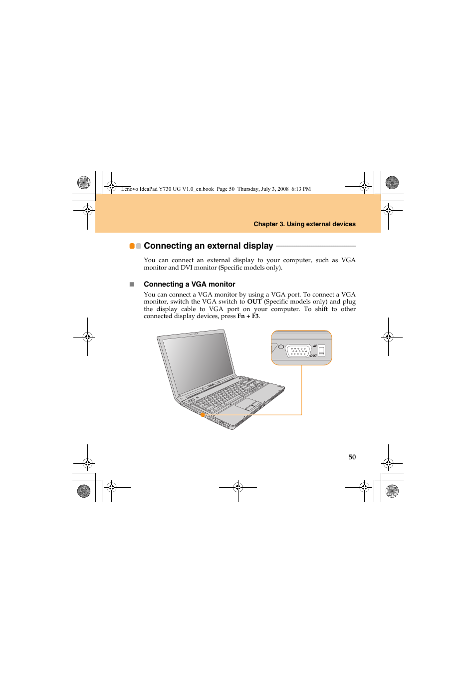 Connecting an external display | Lenovo IdeaPad Y730 User Manual | Page 59 / 156
