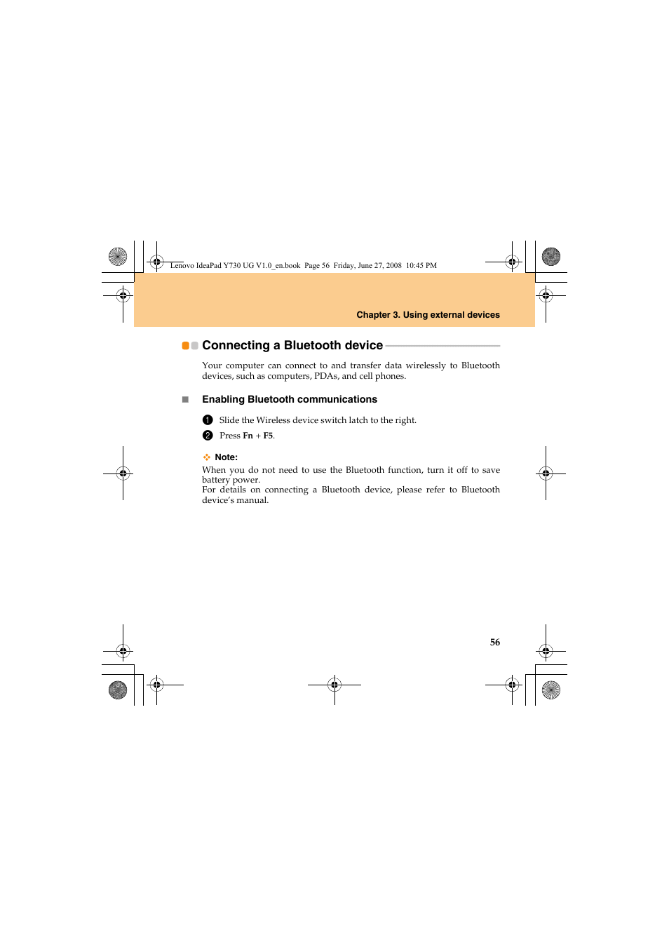 Connecting a bluetooth device | Lenovo IdeaPad Y730 User Manual | Page 65 / 156