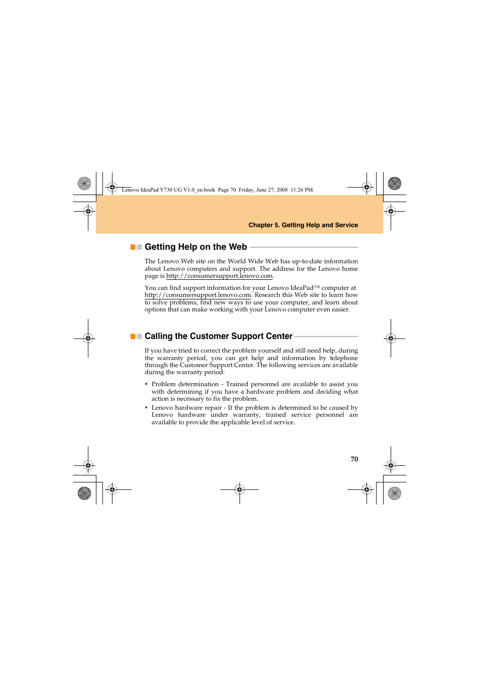 Getting help on the web, Calling the customer support center | Lenovo IdeaPad Y730 User Manual | Page 79 / 156