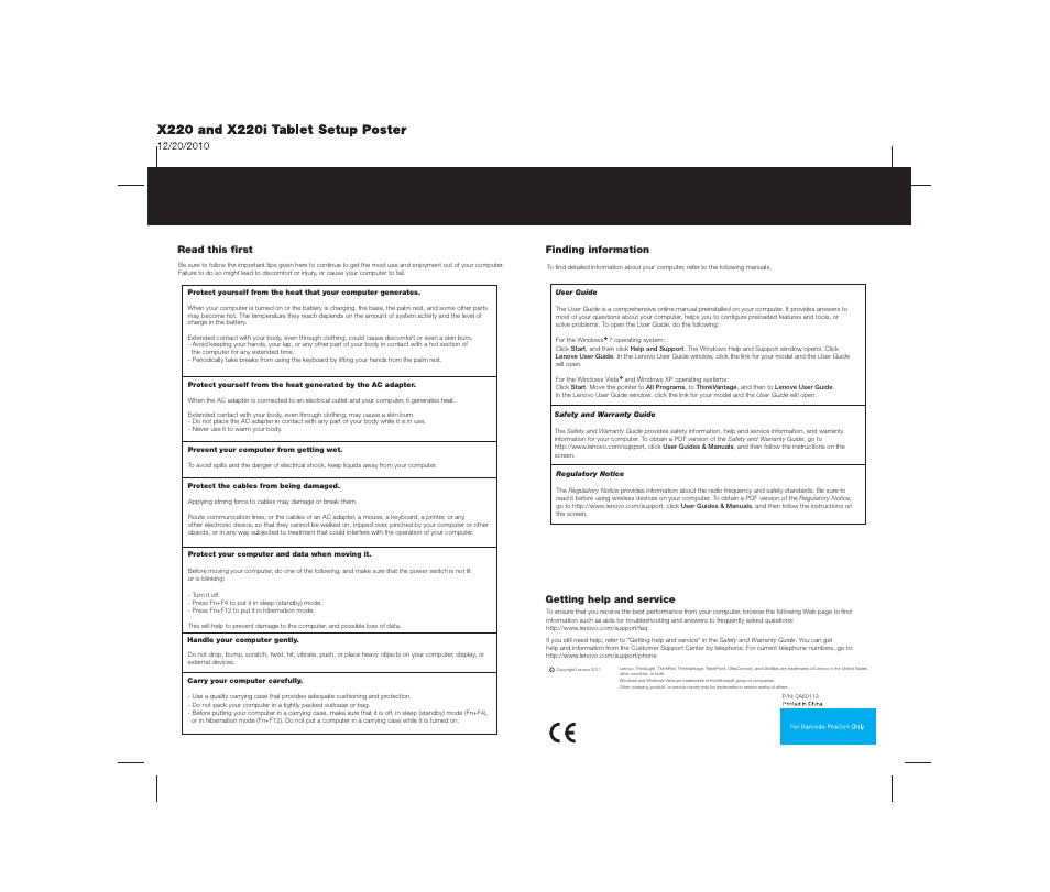 Read this first, Finding information, Getting help and service | Lenovo ThinkPad X220 Tablet User Manual | Page 2 / 2