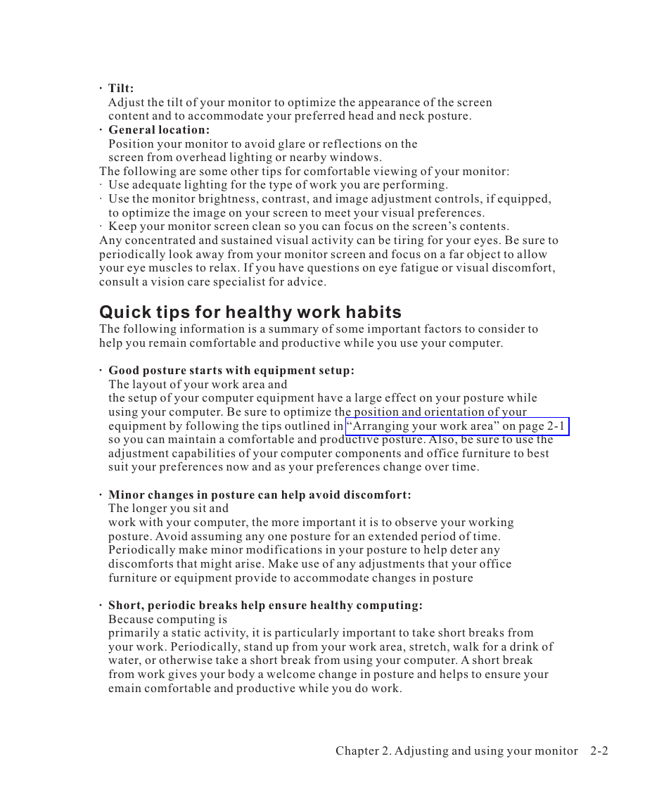 Quick tips for healthy work habits -2, Quick tips for healthy work habits | Lenovo ThinkVision LT2223d 21.5-inch FHD WLED Backlit LCD OneLink Docking Monitor User Manual | Page 18 / 44