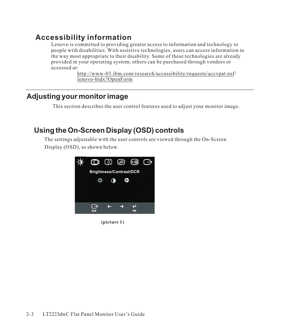 Accessibility information -3, Adjusting your monitor image -3, Using the on-screen display (osd) controls -3 | Accessibility information, Adjusting your monitor image, Using the on-screen display (osd) controls | Lenovo ThinkVision LT2223d 21.5-inch FHD WLED Backlit LCD OneLink Docking Monitor User Manual | Page 19 / 44