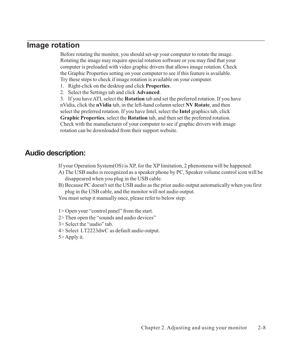 Image rotation, Audio description | Lenovo ThinkVision LT2223d 21.5-inch FHD WLED Backlit LCD OneLink Docking Monitor User Manual | Page 24 / 44