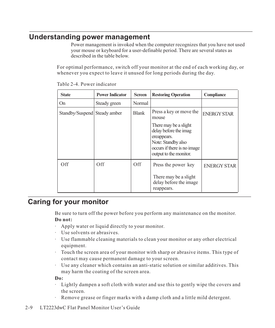 Understanding power management, Caring for your monitor -9, Caring for your monitor | Lenovo ThinkVision LT2223d 21.5-inch FHD WLED Backlit LCD OneLink Docking Monitor User Manual | Page 25 / 44