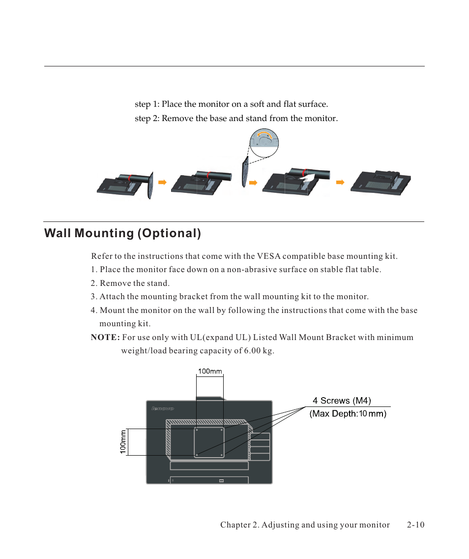 Detaching the monitor, Base and stand -10, Wall mounting (optional) -10 | Wall mounting (optional), Detaching the monitor base and stand | Lenovo ThinkVision LT2223d 21.5-inch FHD WLED Backlit LCD OneLink Docking Monitor User Manual | Page 26 / 44
