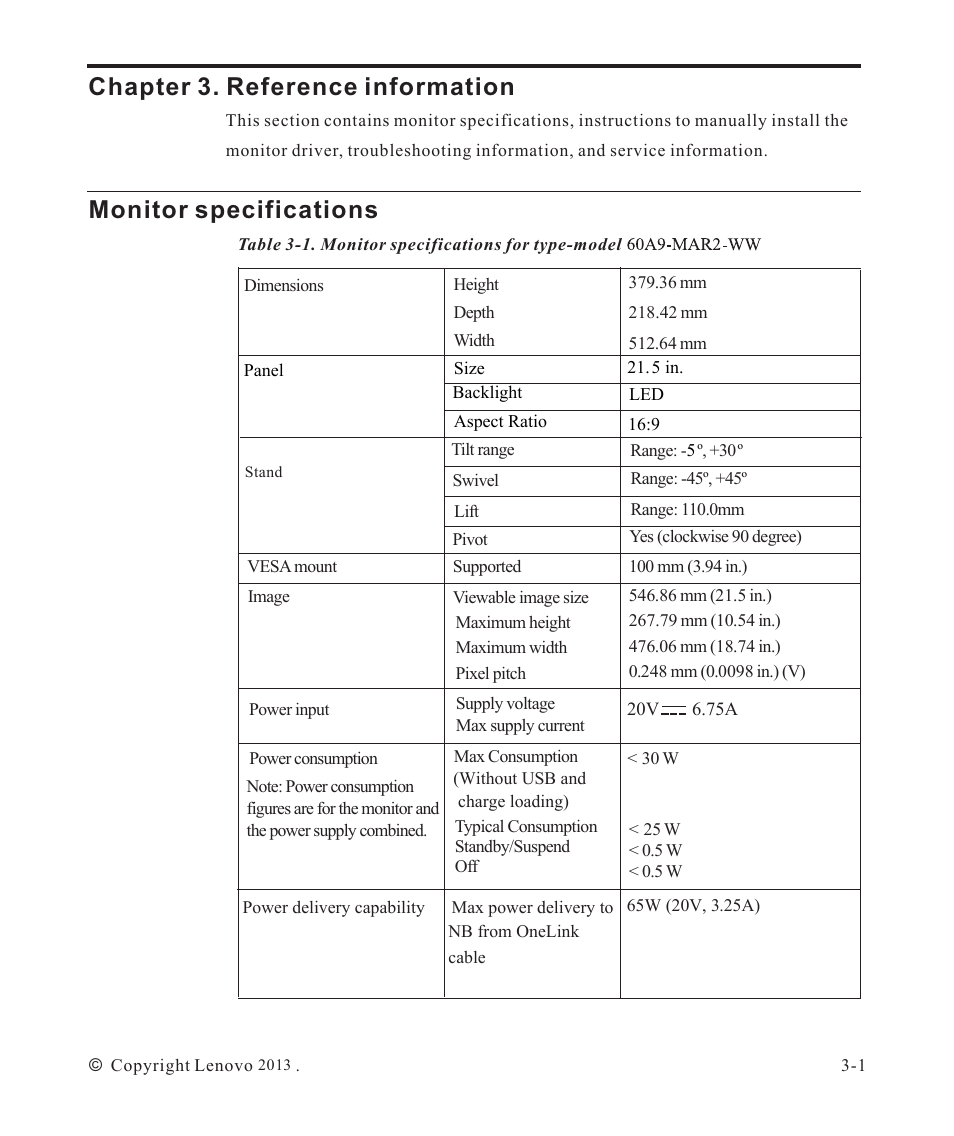 Chapter 3. reference information -1, Monitor specifications -1, Chapter 3. reference information | Monitor specifications | Lenovo ThinkVision LT2223d 21.5-inch FHD WLED Backlit LCD OneLink Docking Monitor User Manual | Page 27 / 44