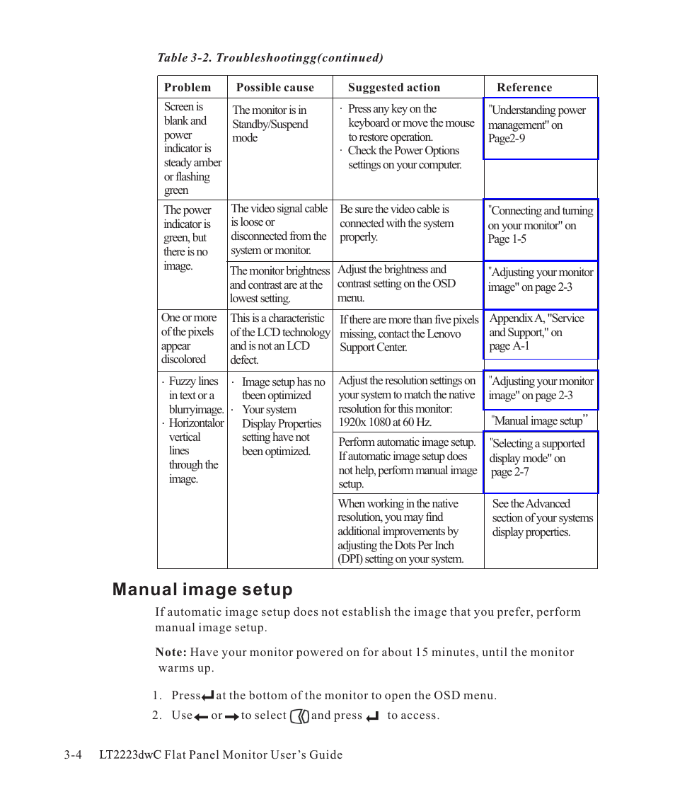 Manual image setup -4, Manual image setup | Lenovo ThinkVision LT2223d 21.5-inch FHD WLED Backlit LCD OneLink Docking Monitor User Manual | Page 30 / 44