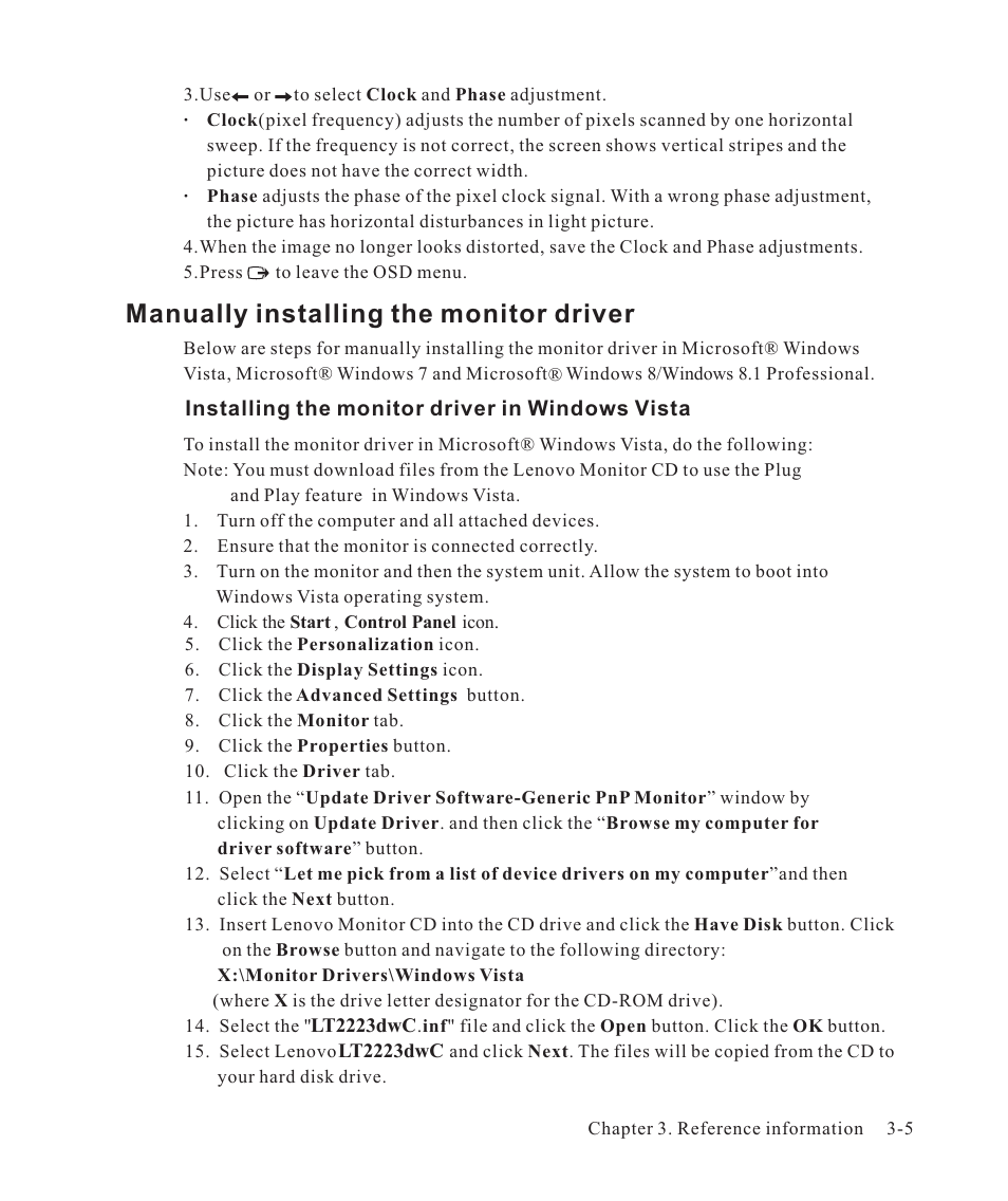 Manually installing the monitor driver -5, Manually installing the monitor driver | Lenovo ThinkVision LT2223d 21.5-inch FHD WLED Backlit LCD OneLink Docking Monitor User Manual | Page 31 / 44