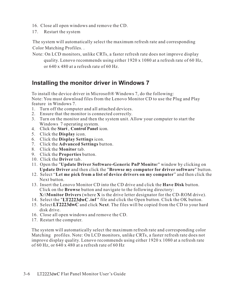 Installing the monitor driver in windows 7 | Lenovo ThinkVision LT2223d 21.5-inch FHD WLED Backlit LCD OneLink Docking Monitor User Manual | Page 32 / 44