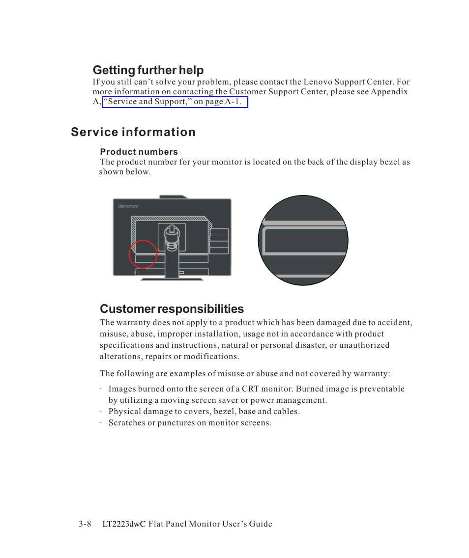 Service information, Getting further help, Customer responsibilities | Lenovo ThinkVision LT2223d 21.5-inch FHD WLED Backlit LCD OneLink Docking Monitor User Manual | Page 34 / 44